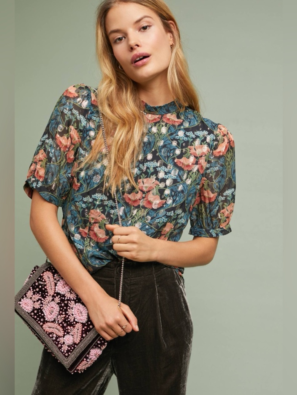 Anthropologie Meadow Rue Basilique Floral Metallic Blouse | Size 0